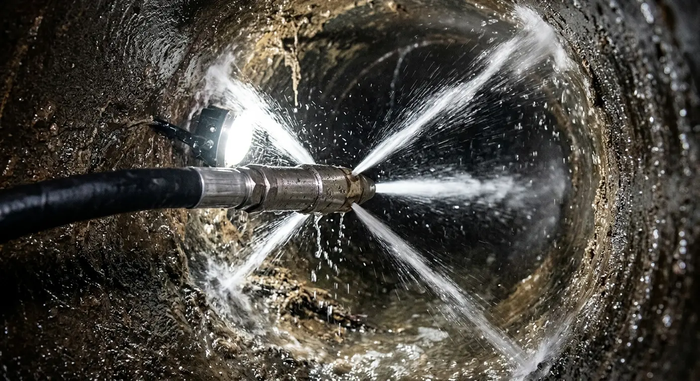 High-pressure hydro jetting nozzle cleaning sewer pipe for Sewer Cleanout in Culpeper