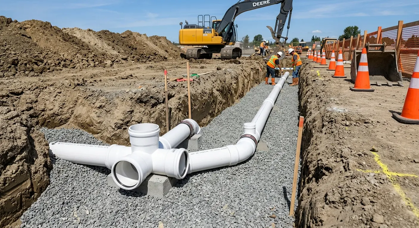 New PVC sewer pipe installation in open trench for Sewer Backup in Culpeper
