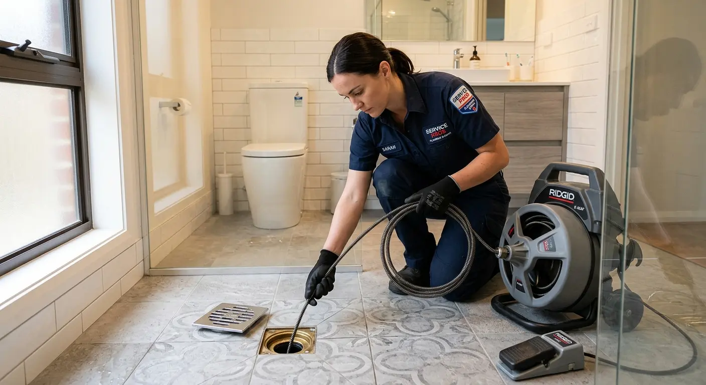 Technician clearing a bathroom floor drain for Hydro Jetting in Culpeper